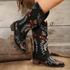Модные женские ковбойские сапоги с вышивкой, с острым носком и квадратным каблуком, до середины голени, женские вышитые сапоги из искусственной кожи