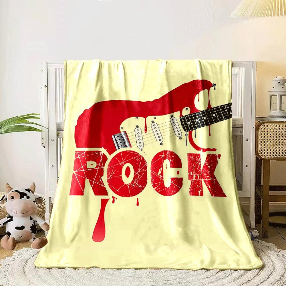 Red electric guitar silhouette with dripping paint above splattered "ROCK." for all seasons blanket lunch break throw gift