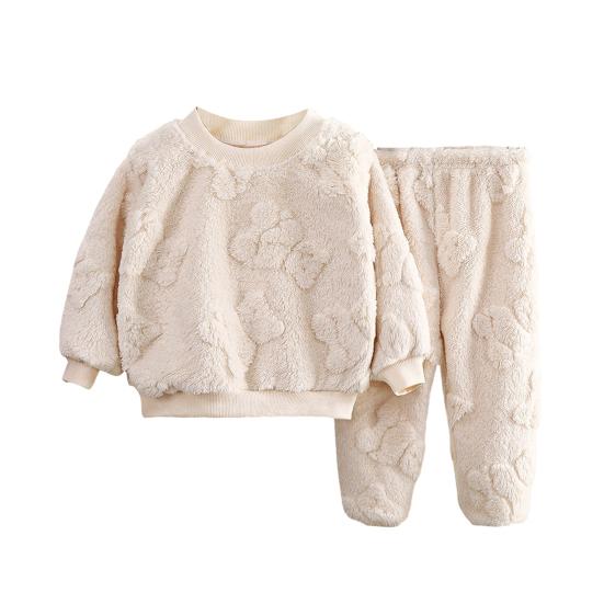 2 шт./комплект детской домашней одежды, толстый плюшевый топ и штаны, комплект с рисунком медведя из мультфильма, пижама с круглым вырезом, сохраняющая тепло, унисекс, детская домашняя одежда