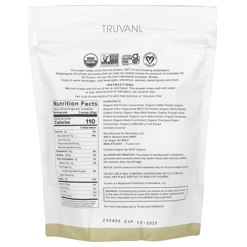 Truvani, Protein + Energy, Vanilla Latte, 15.87 oz (450 g)