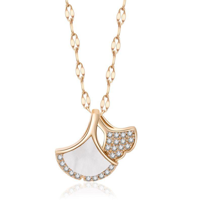 Titanium Steel Skirt Fan Necklace Women'S Inlaid Ginkgo Biloba Pendant Collarbone Chain White Fritillary Jewelry