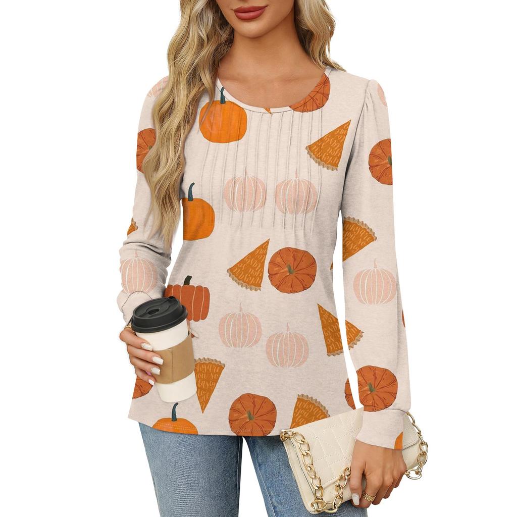 Long Sleeve Shirts For Women Cute Print Graphic Tees Blouses Dressy Casual Blouses Pleated Scooped Neck Tunic Tops Halloween