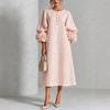 2026 Womens Cotton Linen Midi Dress With 3D Floral Embellishment Lantern Sleeves A-Line Loose Fit