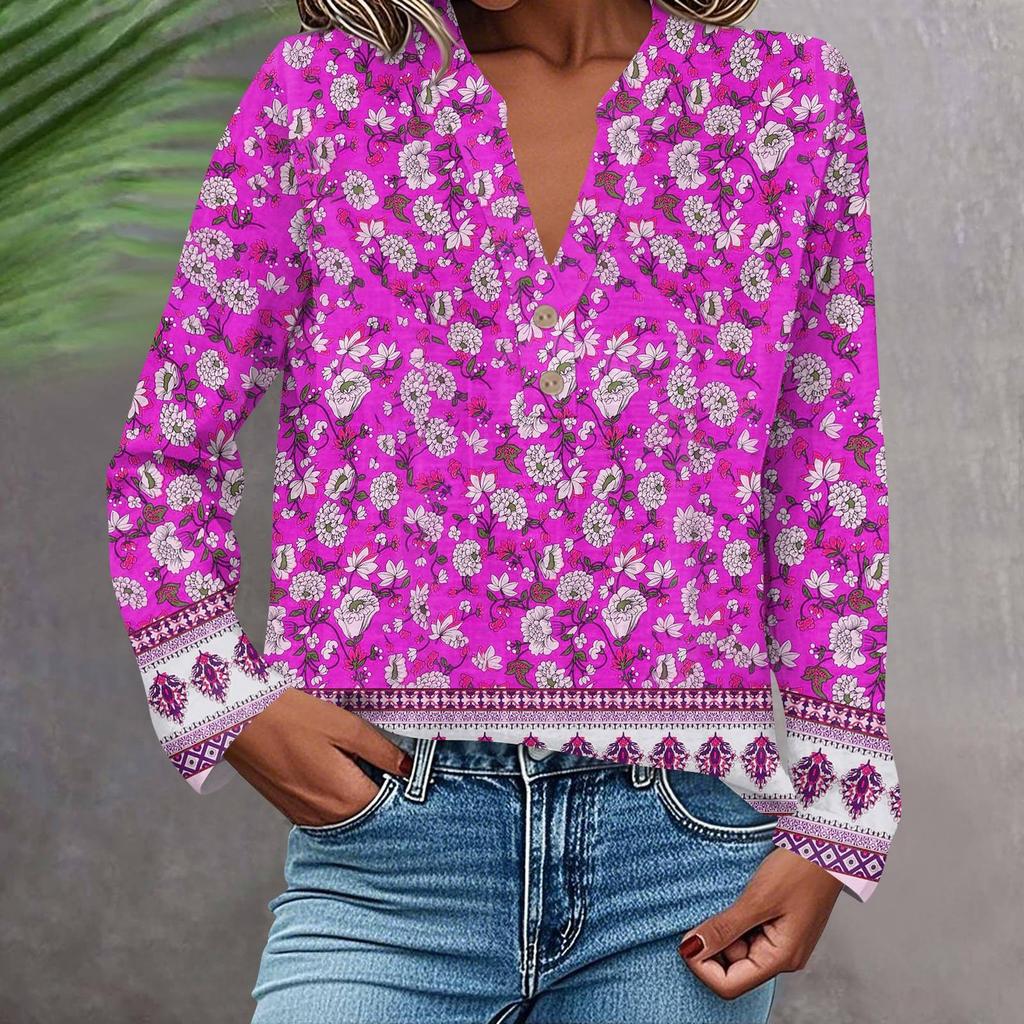 Women's Fashionable And Casual Shirt Long Sleeve V-neck Button Printed Blouse Top
