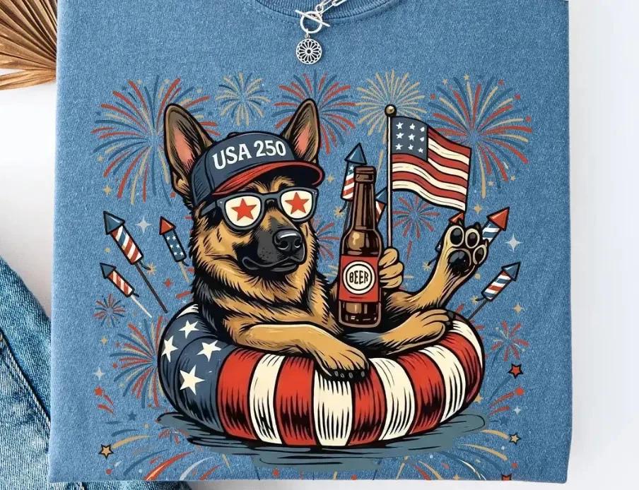 Patriotic Dog T- Shirt USA Flag 4th of July Dog Lover Gift Tee