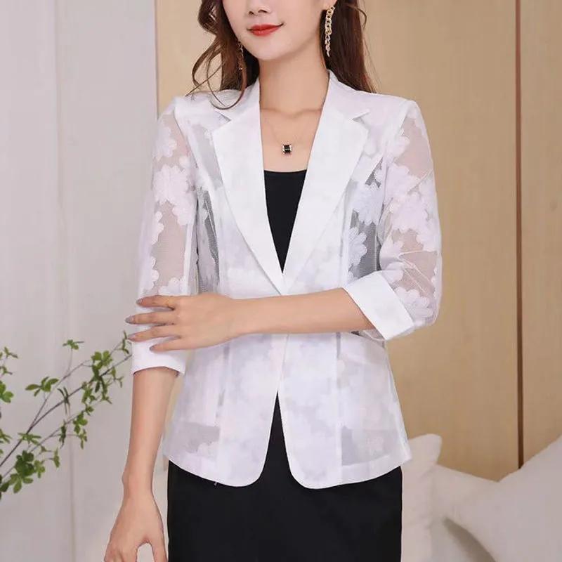 Suit Coat Women's Spring and Summer Fashion Lace Top 7/4 Sleeve Suit Sunscreen Shirt Casual Top