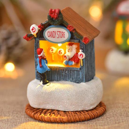 Christmas Winter Village House Ornaments Mini Light-up Christmas Shop with Santa Resin Desktop Figurine Holiday Home Decor
