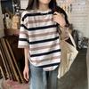 Slim Striped Loose Gentle Short-sleeved T-shirt Student Couple Summer Monsoon Casual Lazy Style Top for Women