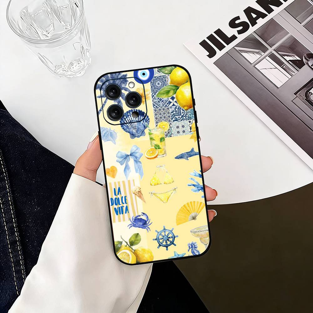 Бокал для вина с изображением океана, чехол для телефона с лимоном для iPhone 17, 16, 15, 14, 13, 12, 11 Plus, Pro Max, Другие, Мягкая черная крышка