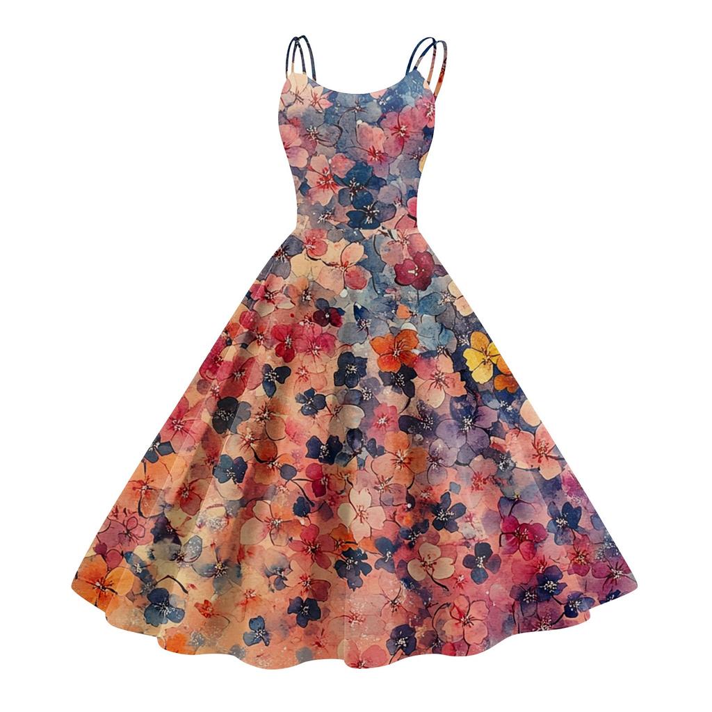 Women's Casual Fashion Flower Print Sexy Off Shoulder Punk Retro Dress Retro Dress Dress