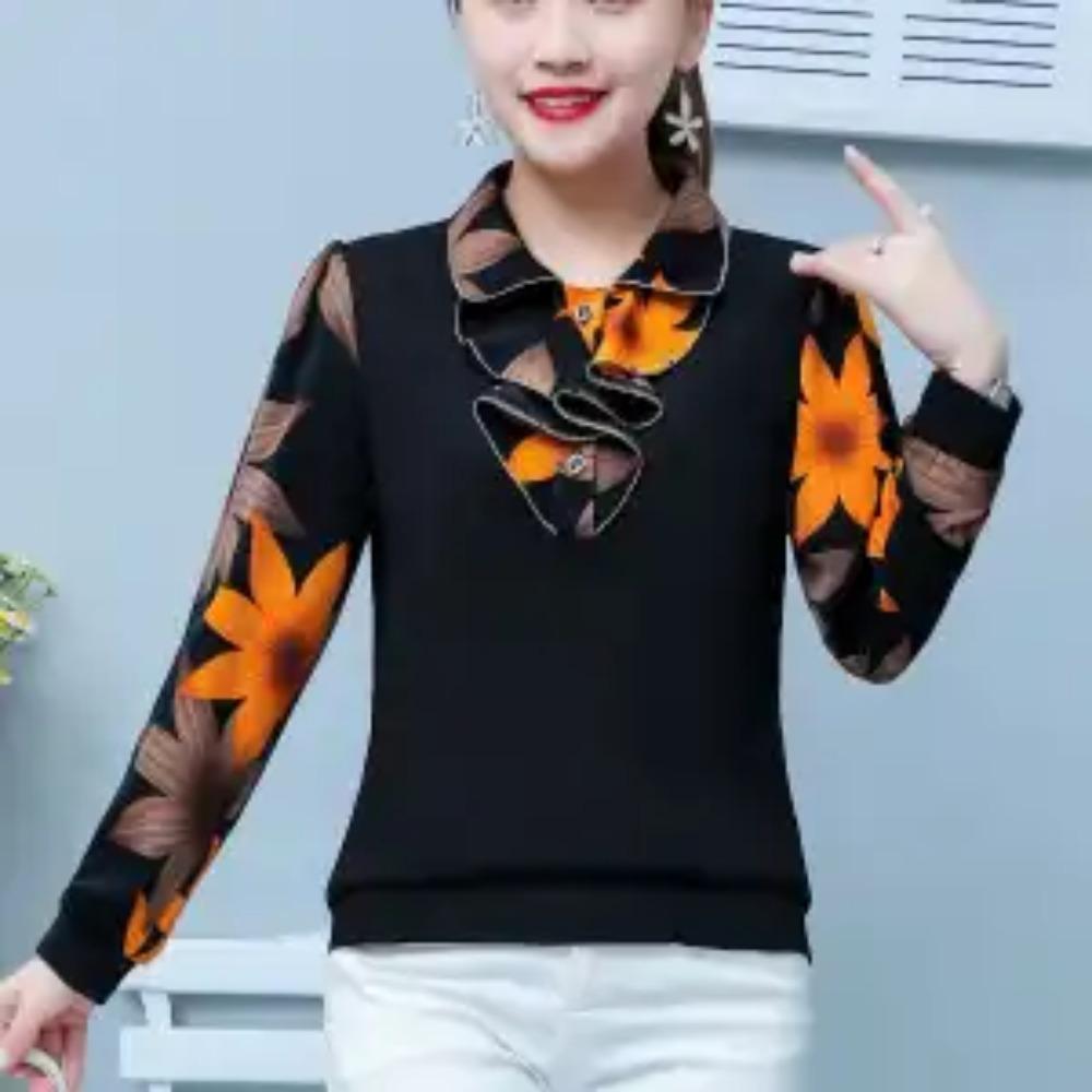 Осенняя женская модная рубашка с воротником Питер Пэн, оборками и вставками, элегантная корейская блузка свободного кроя с длинным рукавом и принтом, женская одежда