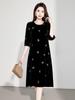 2025 Autumn Women's Silk Velvet Dress with Butterfly Embroidery, High Waist, Mid-Sleeve, Loose Fit