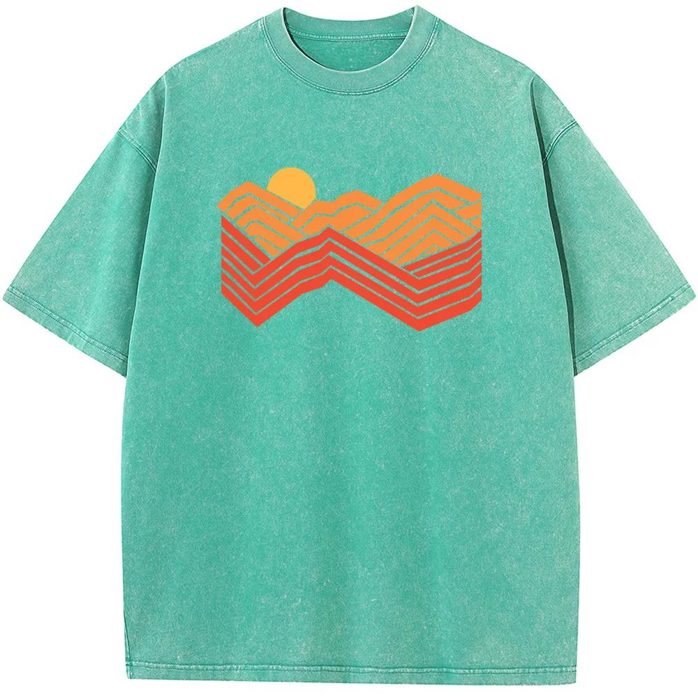 Men's Orange Mountain Short-Sleeved T-shirt Fashion Casual Washed T-Shirt Vintage Summer Cotton Bleached Tshirt