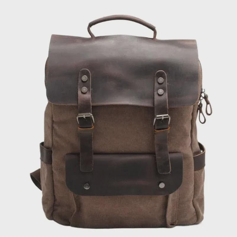 Vintage Canvas Backpack: Neutral College Style, Pure Cotton Canvas with Crazy Horse Leather Trim