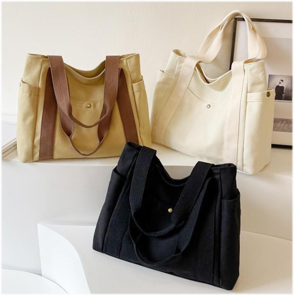 Сумка-тоут A4 на молнии Campus Plain Cotton Canvas Сумка через плечо Сумка с несколькими карманами для хранения [RS SHOP] Женская Мужская (хаки)