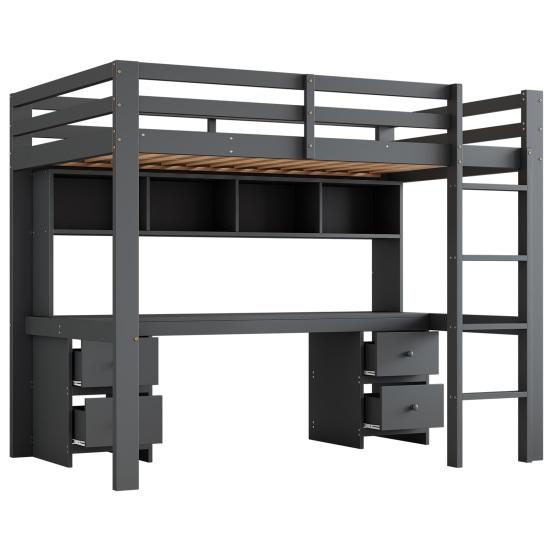 90x200cm Loft Bed, Children Bed, Bed Above, Table Below, Large Storage Space, High Railing, Stable Stairs,