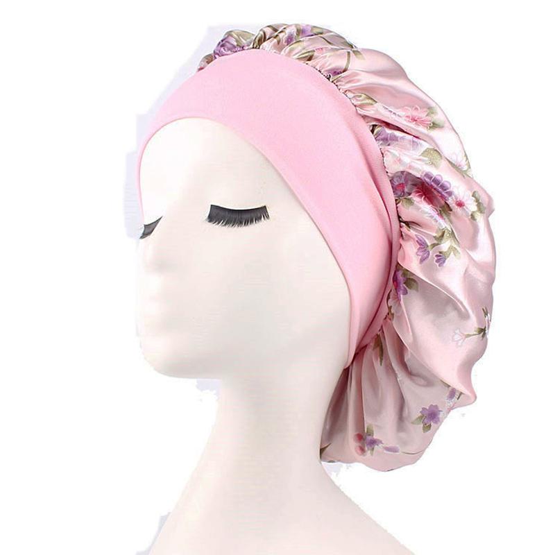 Floral Print Nightcap Women Satin Night Sleep Satin Hair Bonnet Silk Head Cover Wide Elastic Band