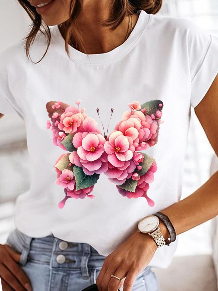 (Asian Size) Clothing T Shirt Lovely Cartoon Butterfly Fashion Tee Print Lady Women Casual Top Short Sleeve Female Graphic T-shirts