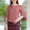 ZANZEA Women Casual Round Neck 3/4 Sleeve Summer Loose Blouse