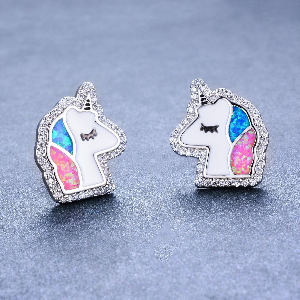 Cartoon Cute Style Colorful Unicorn Edge White Diamond Earrings Sweet Girl Heart Earrings