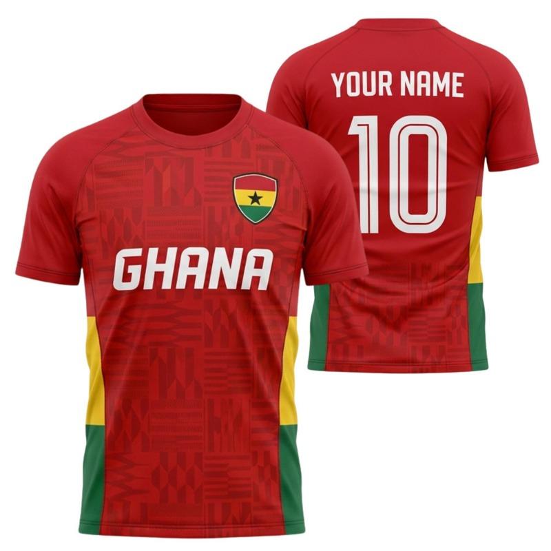 Maillot de Football du Ghana Personnalisé T-shirt Fan du Ghana Rouge Motif Africain Haut de Football Nom Numéro Personnalisés Cadeau Sportif