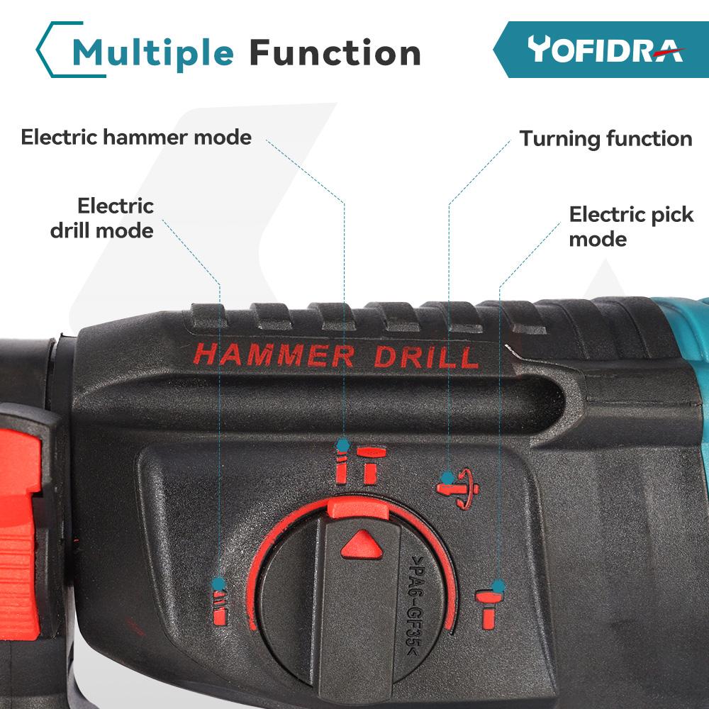 Yofidra 26 мм бесщеточный электрический перфоратор многофункциональный роторный аккумуляторный электроинструмент для батареи Makita 18 В
