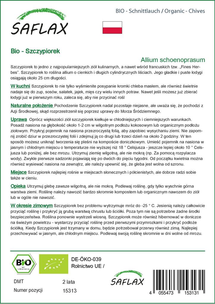 SAFLAX Сад в сумке - Органический - Зеленый лук - 250 семян - С субстратом в подходящей устойчивой сумке - Allium schoenoprasum