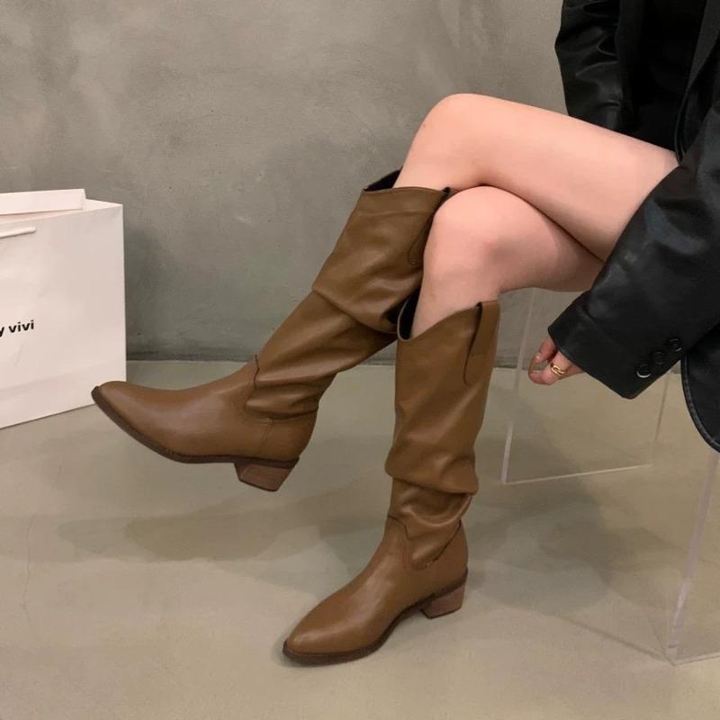 Thick Heel Vintage Brown V-Mouth Pile Medium Boots Women's Shoes Summer Pointed Western Cowboy Boots