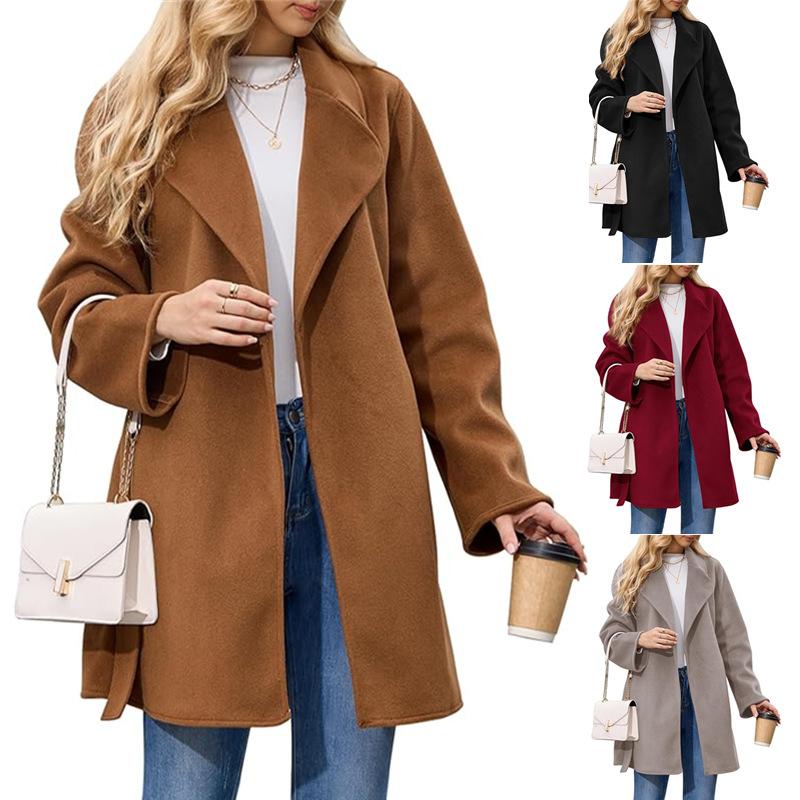Women's Autumn and Winter Solid Color Long Sleeve Suit Collar Belt Woolen Suit Jacket
