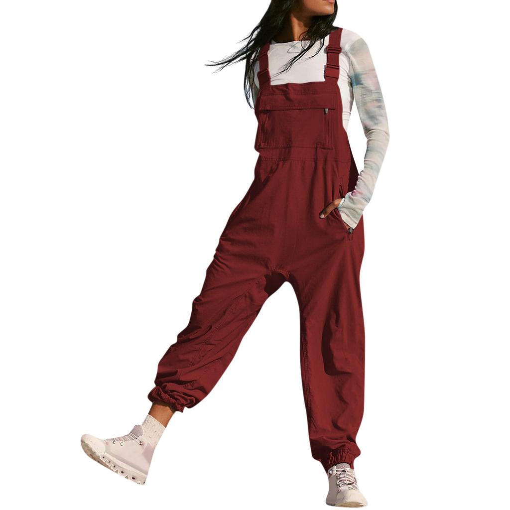 Women's Jumpsuits Summer Fashion Casual Loose Wide Leg Jumpsuits Solid Color Insert Pockets Retro Button Strap Jumpsuits