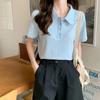 Женская белая футболка-поло с коротким рукавом, в рубчик, повседневный свободный топ