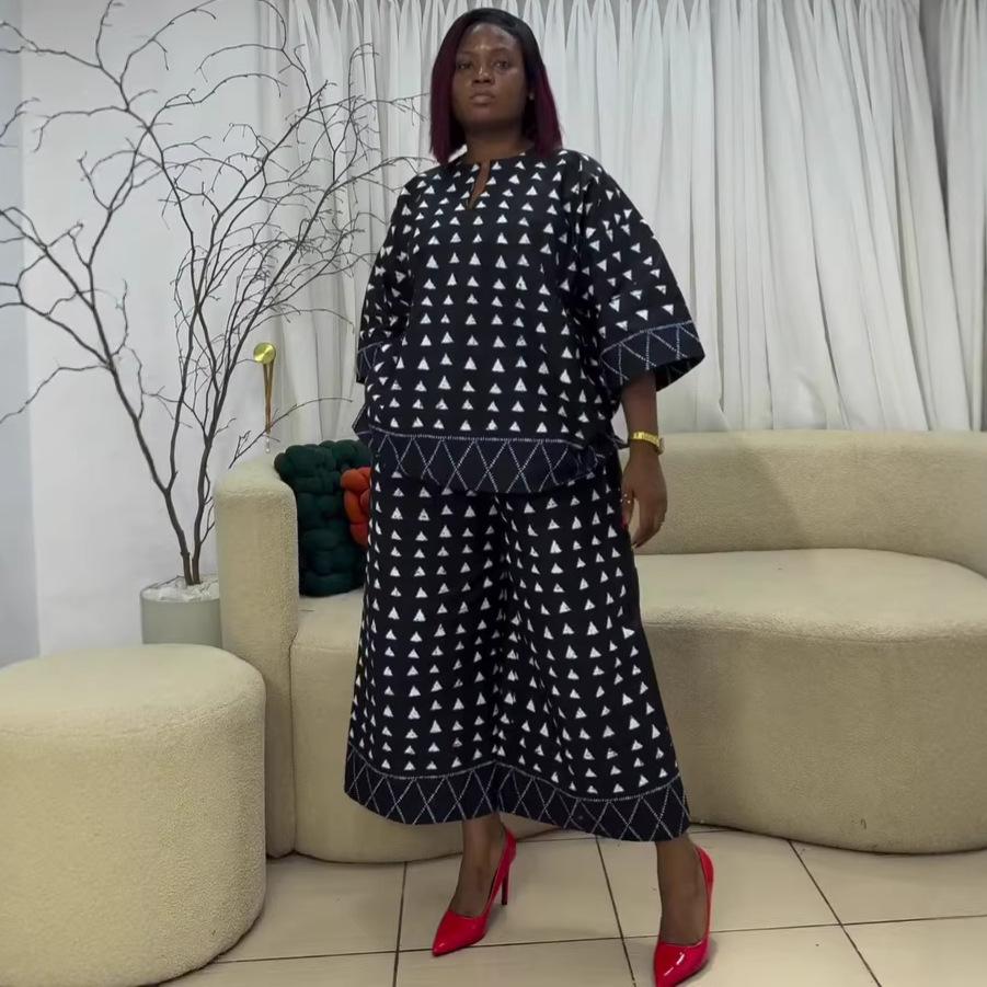 European and American women's clothing small V-neck short-sleeved splicing printed large-size top African loose wide-leg trousers new two-piece set