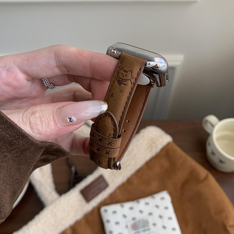 Милый кожаный браслет с узором из сердечек и звездных кошек для Apple Watch Band Серии 11/10/9/8/7/Ultra Ремешок iWatch 49/46/45/44/42/41/40/38мм
