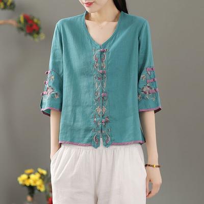 Летняя женская одежда Рубашки Блузка Blusa Mujer Винтажная Повседневная Camisas Женские блузки Лен V-образный вырез Вышивка