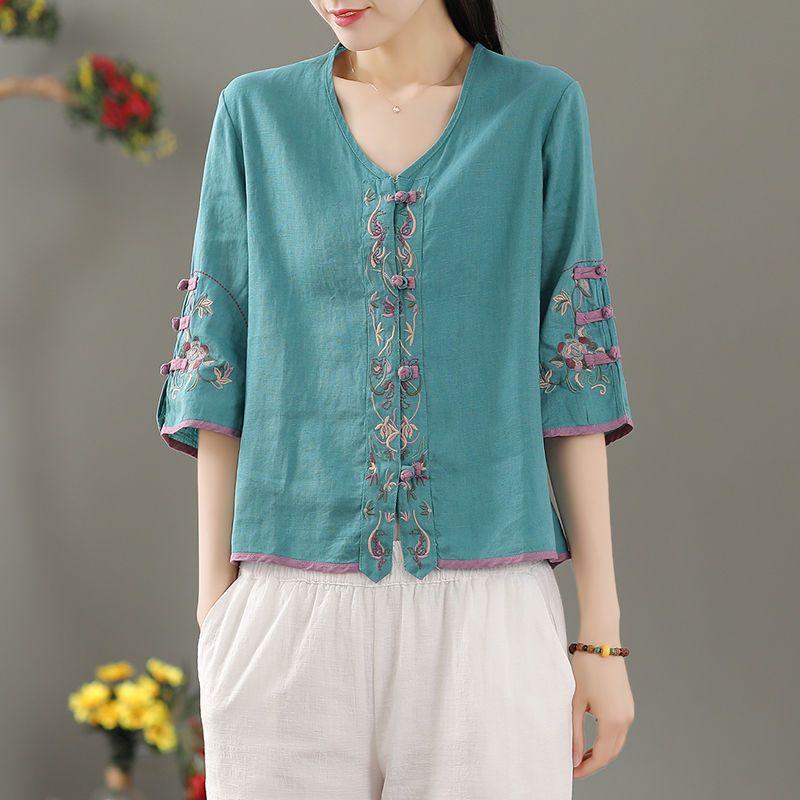 Летняя женская одежда Рубашки Блузка Blusa Mujer Винтажная Повседневная Camisas Женские блузки Лен V-образный вырез Вышивка