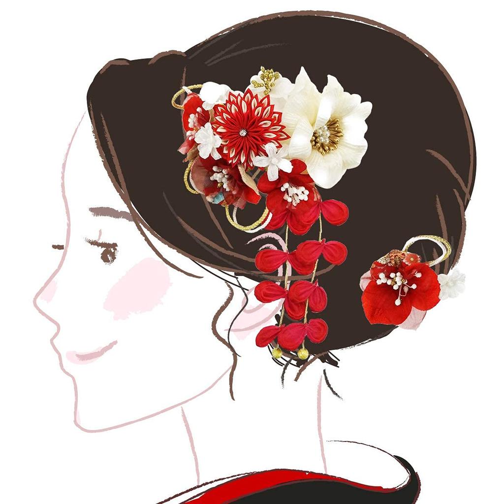 Hair Ornament 2 Piece Set Red Red White Flower Hairpin Crepe Tsumami Craft Comb Shape Furisode Coming of Age Ceremony Graduation Ceremony Wedding