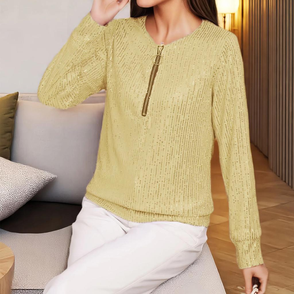 Женская модная и повседневная свободная футболка с круглым вырезом и длинными рукавами однотонного цвета с пайетками