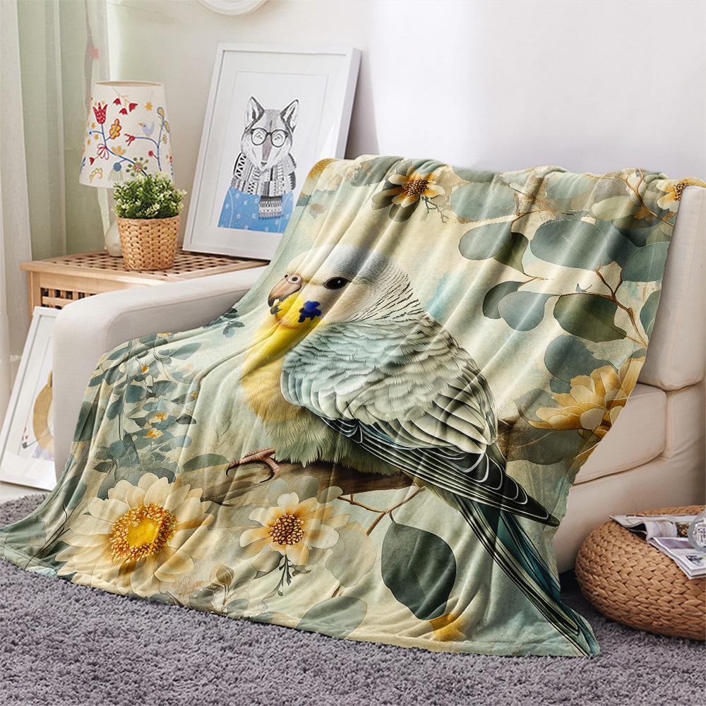 Flower Budgerigar Print Flannel Blanket, High quality Comfortable for All Seasons, Home Decor, Warmth and Comfort