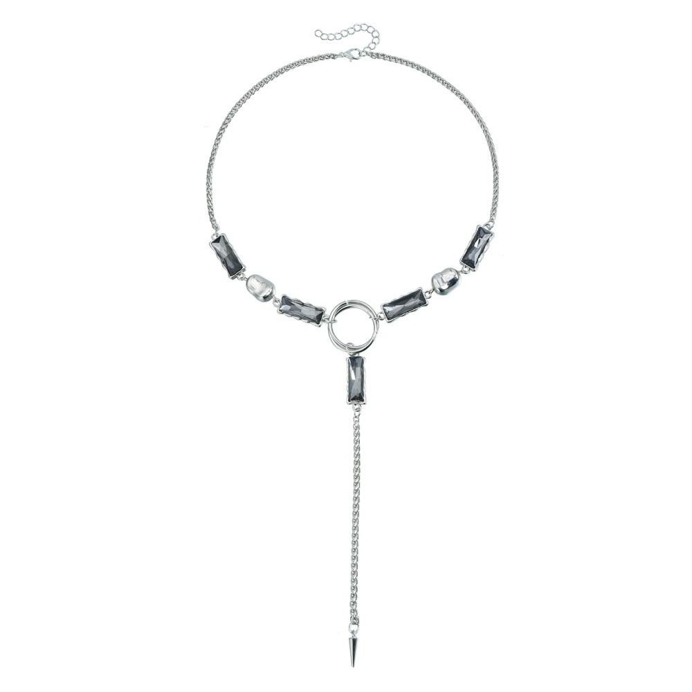 Y-shaped Square Necklace Geometric Punk Style Necklace Gifts Grey Glass Pendant  for Women
