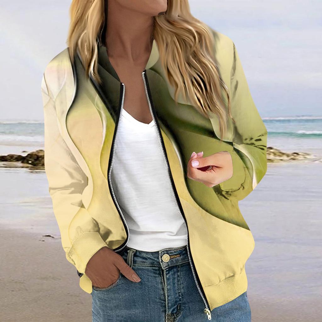 Женская модная повседневная куртка на молнии с длинным рукавом с принтом и круглым вырезом