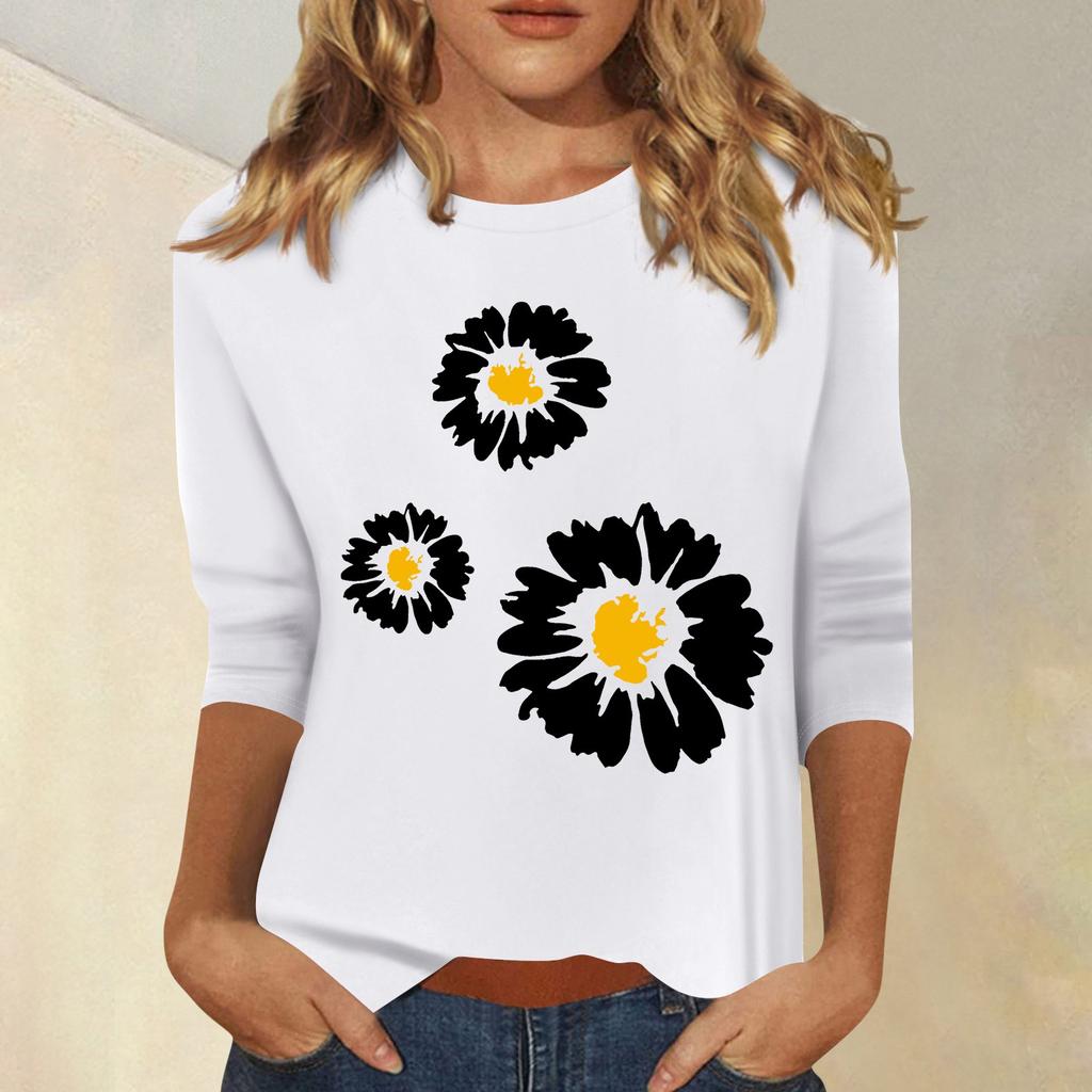 Women's Fashion Casual Printed Seven Sleeve Round Neck Top