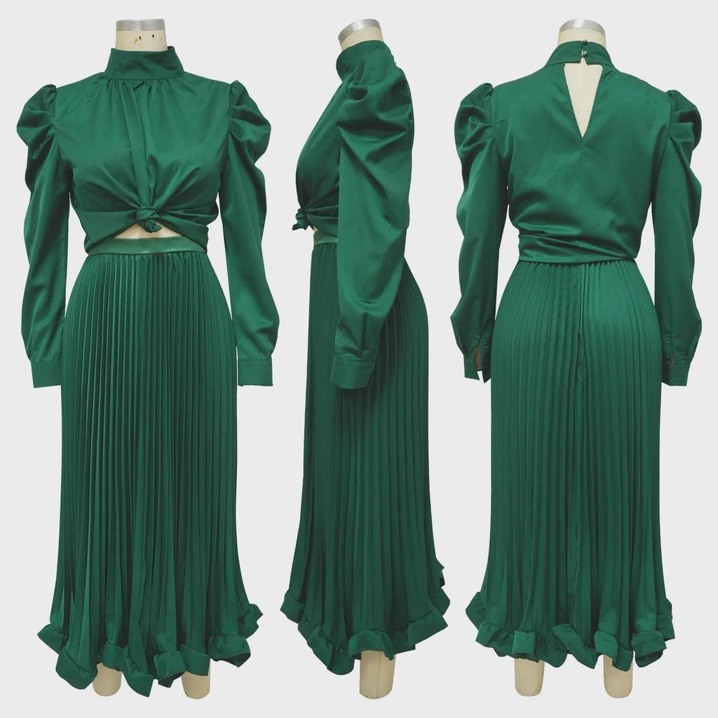 Autumn European & American Puff Sleeve Top with Ruffled Pleated Skirt Set.