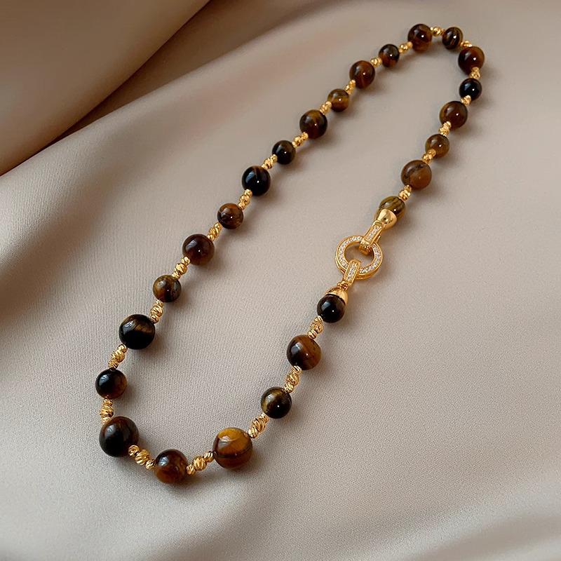 Micro-Paved Zircon Tiger's Eye Sweater Chain Necklace - Light Luxury Retro Style for Women