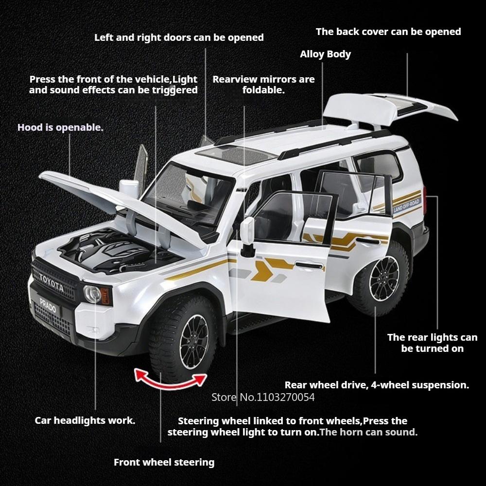 1:24 Prado FJ Cruiser Alloy Diecast Off Road Vehicle Model Toys Car Sound Light Pull Back Front Wheel Steering Festival Surprise
