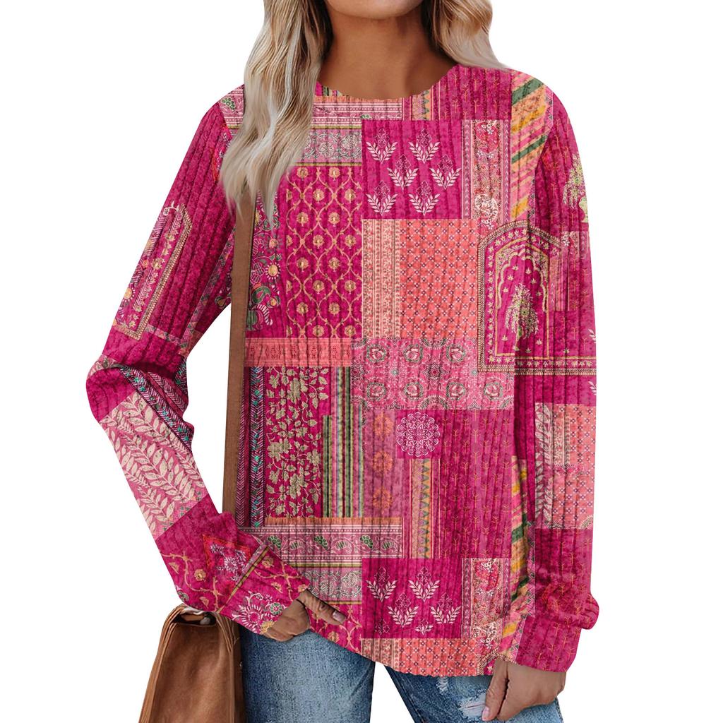 Women's Winter Color-Block Printed Lightweight Brushed-Cotton Round Neck Top