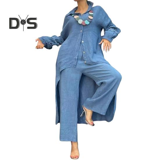 2 Pcs/Set Fall Spring Women Shirt Pants Set Long Sleeves Lapel Lace Cuff Button-down Irregular Hem Blouse Elastic Waist Trousers OL Commuting Sport