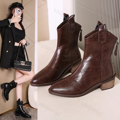 Большой размер 43 из искусственной кожи на массивном высоком каблуке, ковбойские сапоги в стиле вестерн, новинка 2025 года, теплые зимние туфли с острым носком, женские ботильоны для вечеринок