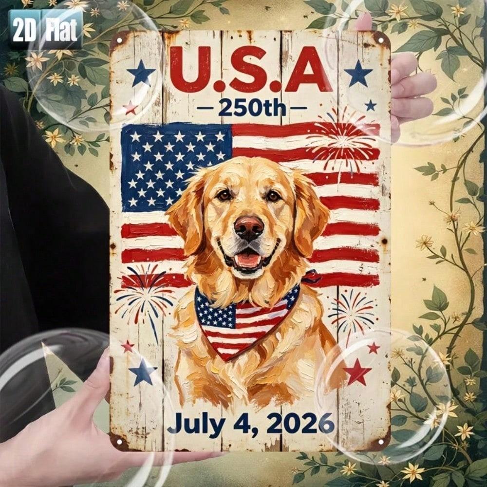 США 250-й День Независимости Золотистый Ретривер Металлическая Табличка 8x12 Дюймов Патриотичное Искусство на Стену с Собакой Железный Декор с Предварительно Просверленными Отверстиями