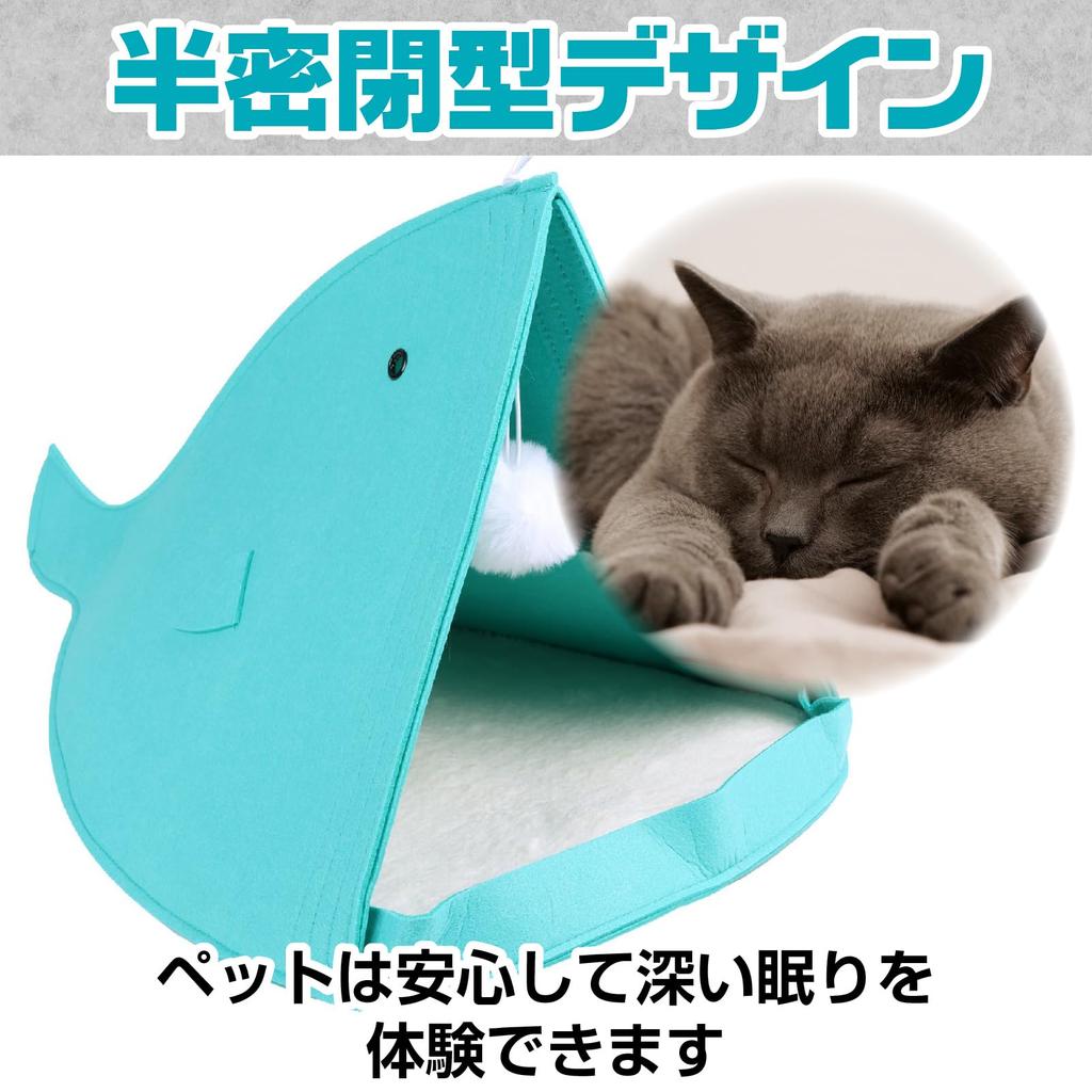 CAWKAY Домик для кошки Дом-акула Складной домик для питомца Спальный мешок для кошки Куполообразный с игрушкой для кошки и подушкой Для помещений Стильный Моющийся (Синий, Стандартный)