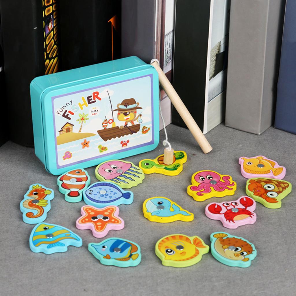 Magnetic Fishing Game Wooden Lightweight Bright Colors Easy Catch Baby Fishing Toy